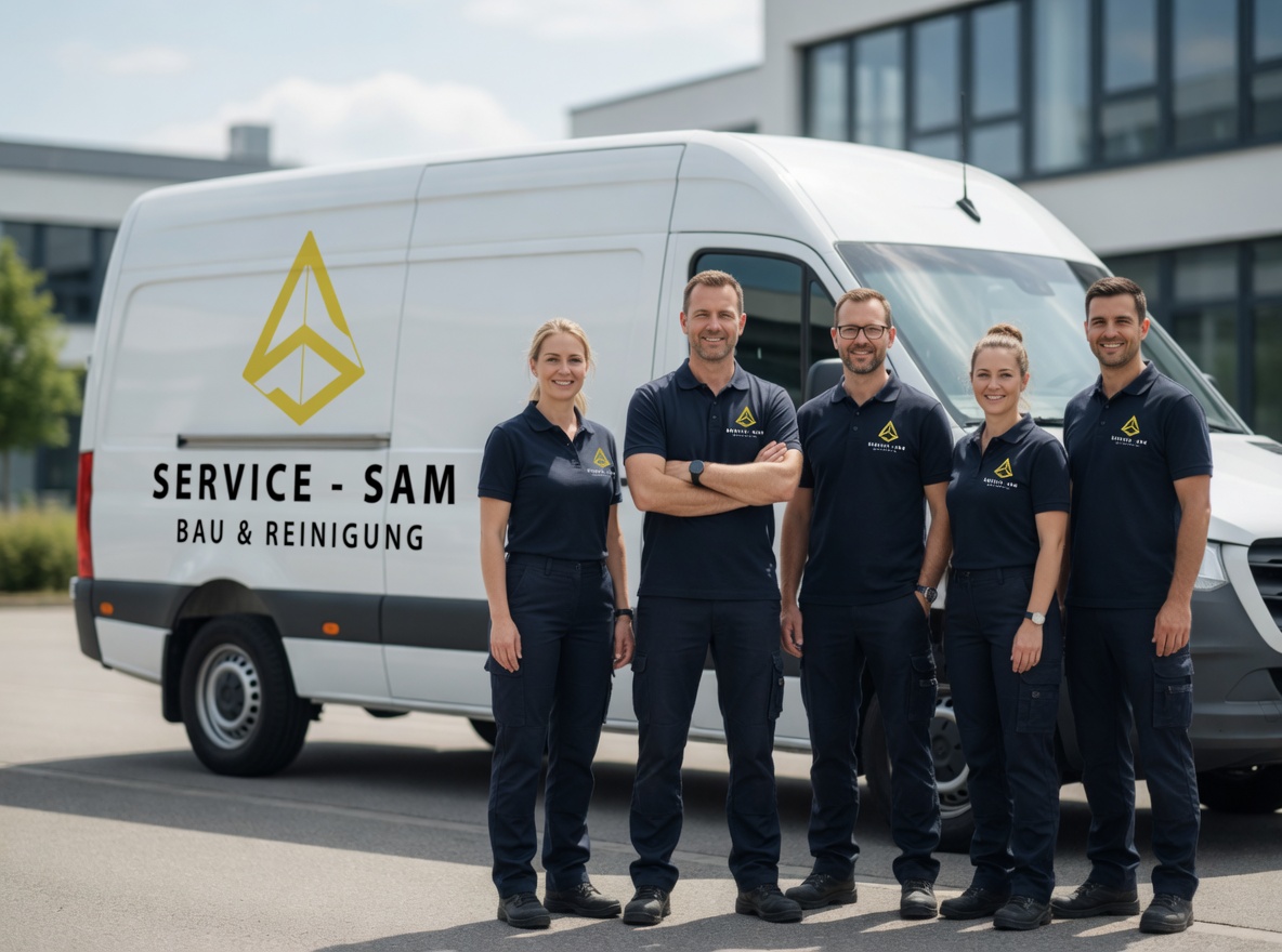 Das Team von Service Sam vor dem Firmenfahrzeug in Kiel